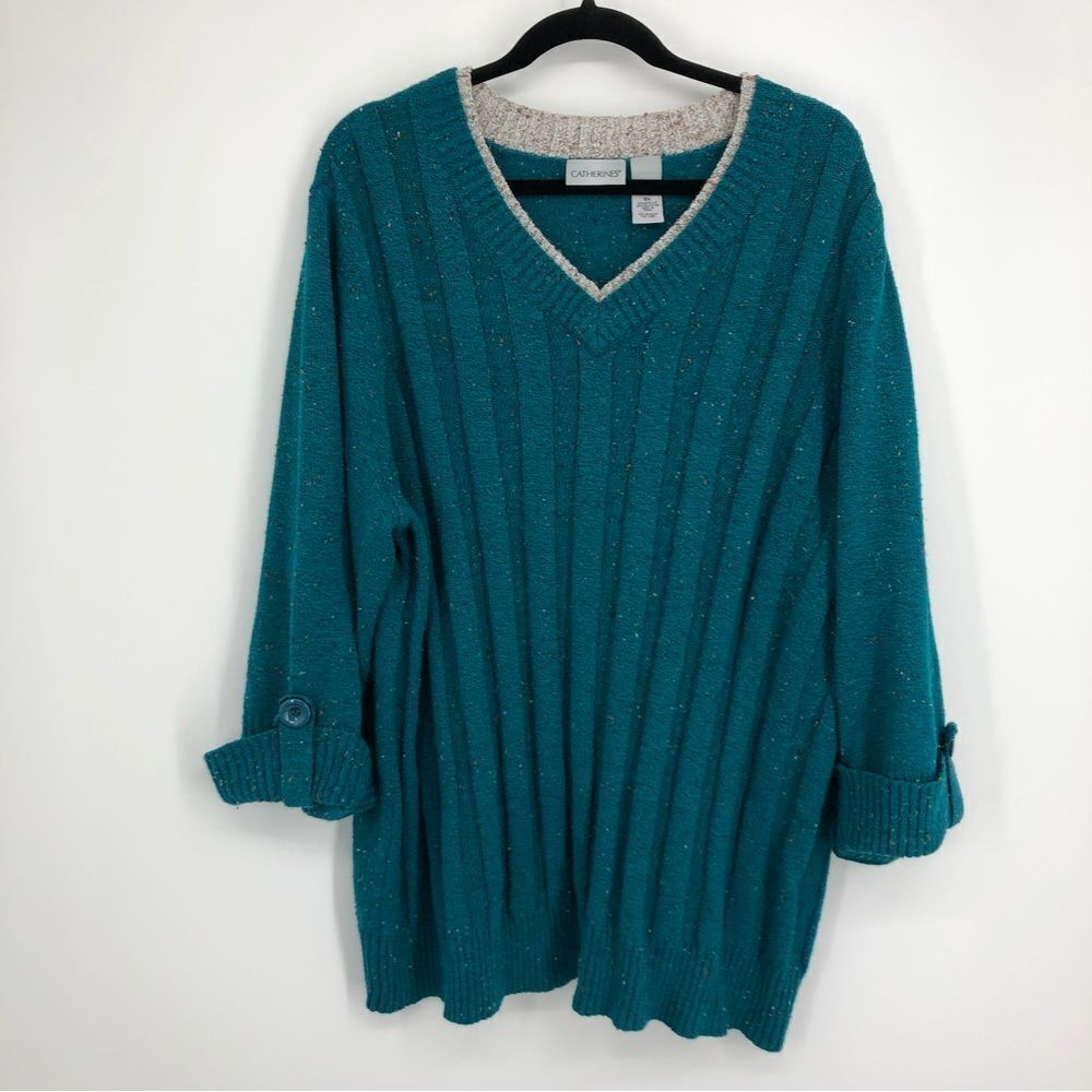 Catherines Sweater Teal V Neck‎ Speckled Knit 3X Womens
